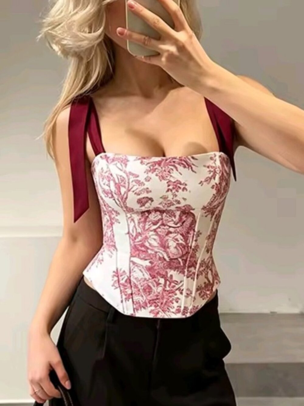 Elegant Print Sling Women's Top Lace Up Bandage Fishbone Hollow Out Slim Female